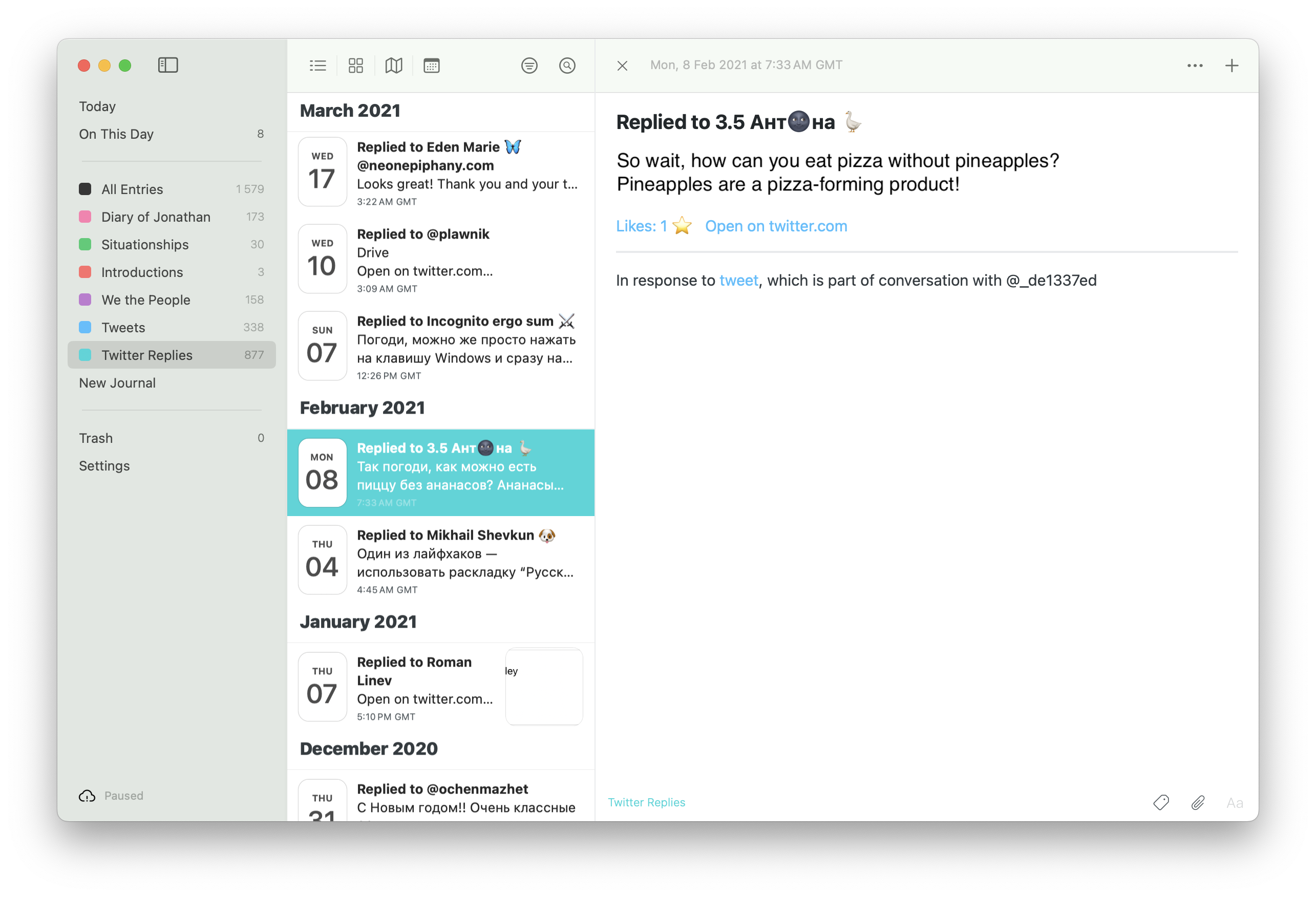 Twitter replies imported into Day One